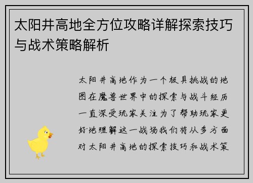 太阳井高地全方位攻略详解探索技巧与战术策略解析