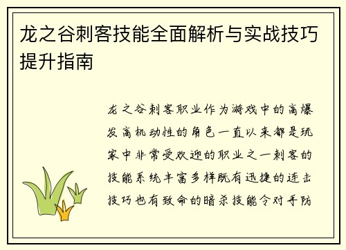 龙之谷刺客技能全面解析与实战技巧提升指南